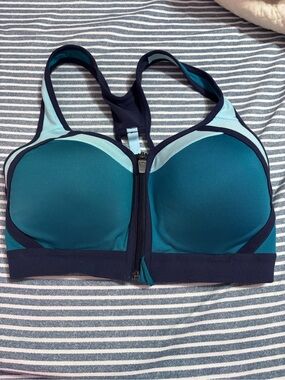Champion Teal and Navy Front-Zip High-Impact Sports Bra